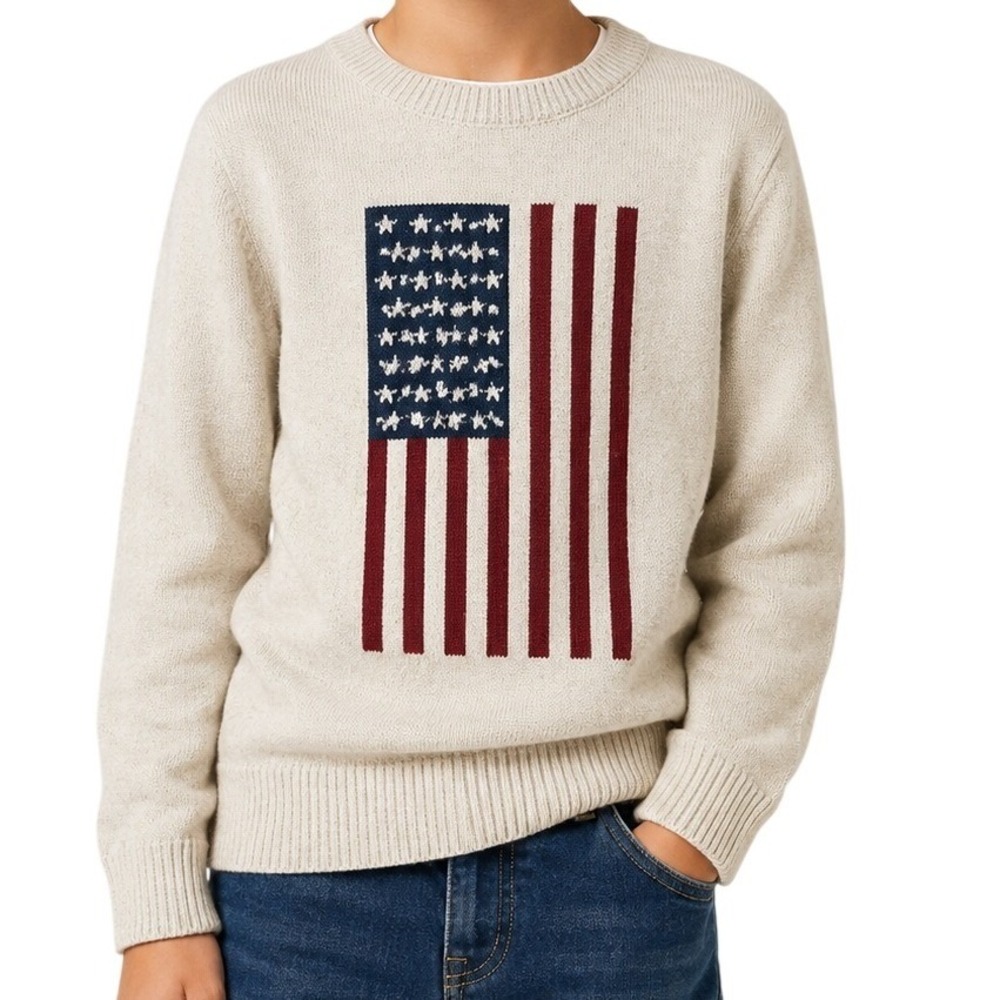 Gap Kids Beige Oatmeal Knit American Flag Sweater Pullover Kid's Small 6-7